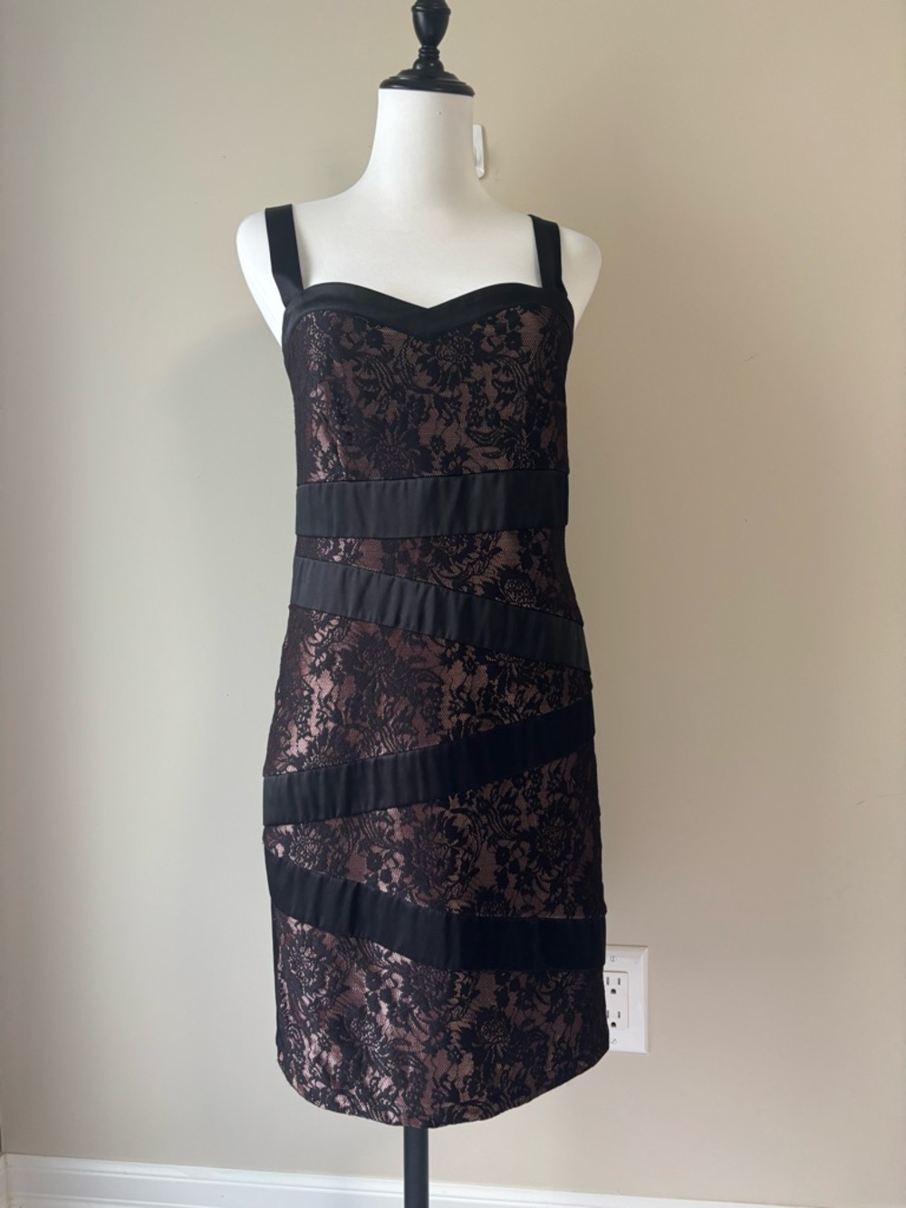 Dynamite Black Lace-Overlay Mini Dress with Bronze Underlay